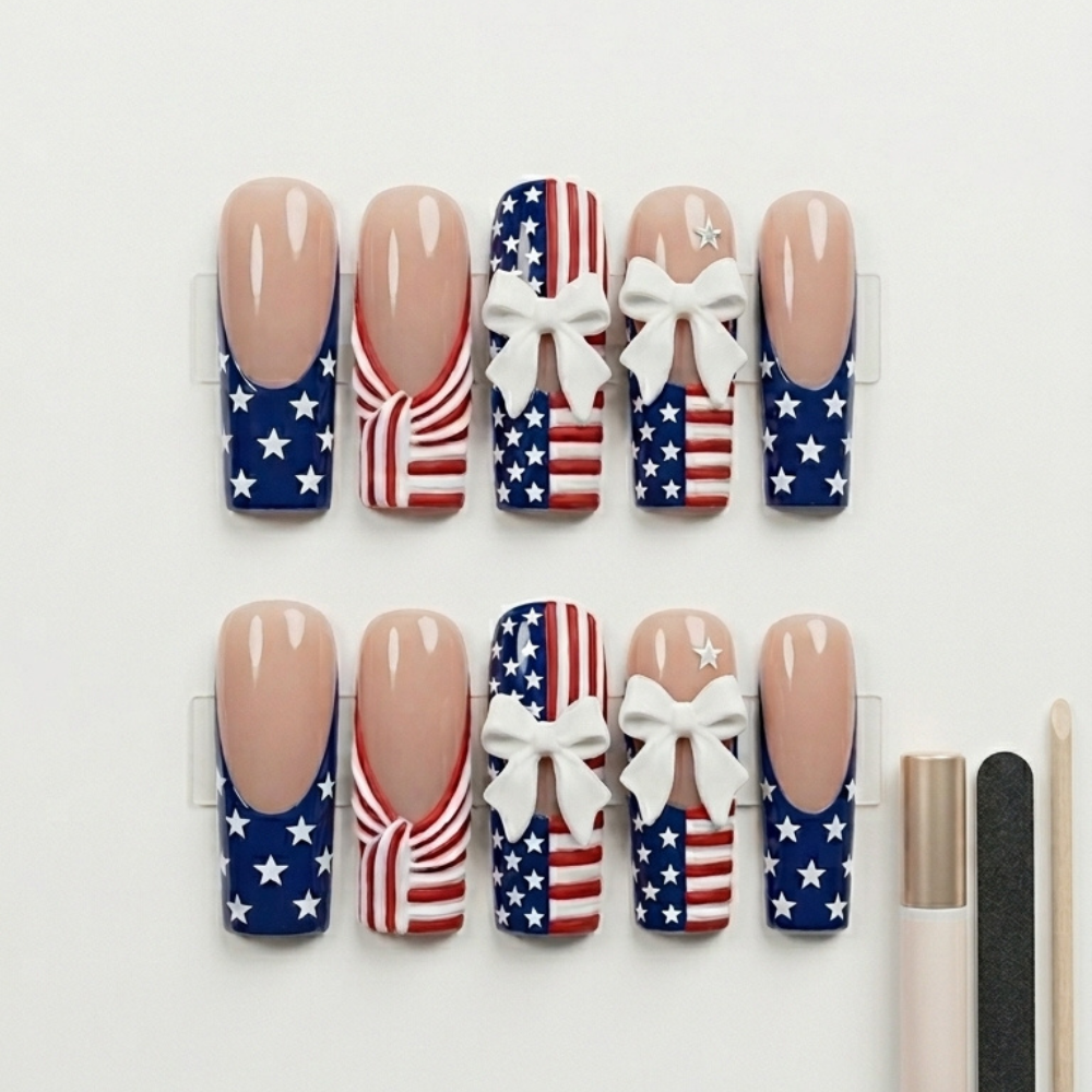patriotic coquette nails, 4th of July press on, press on nails, custom press on nails, fake nails, Nails Art, stained glass nails, gold press on nails, 3d press on nails, luxury press on nails, handmade press on nails
