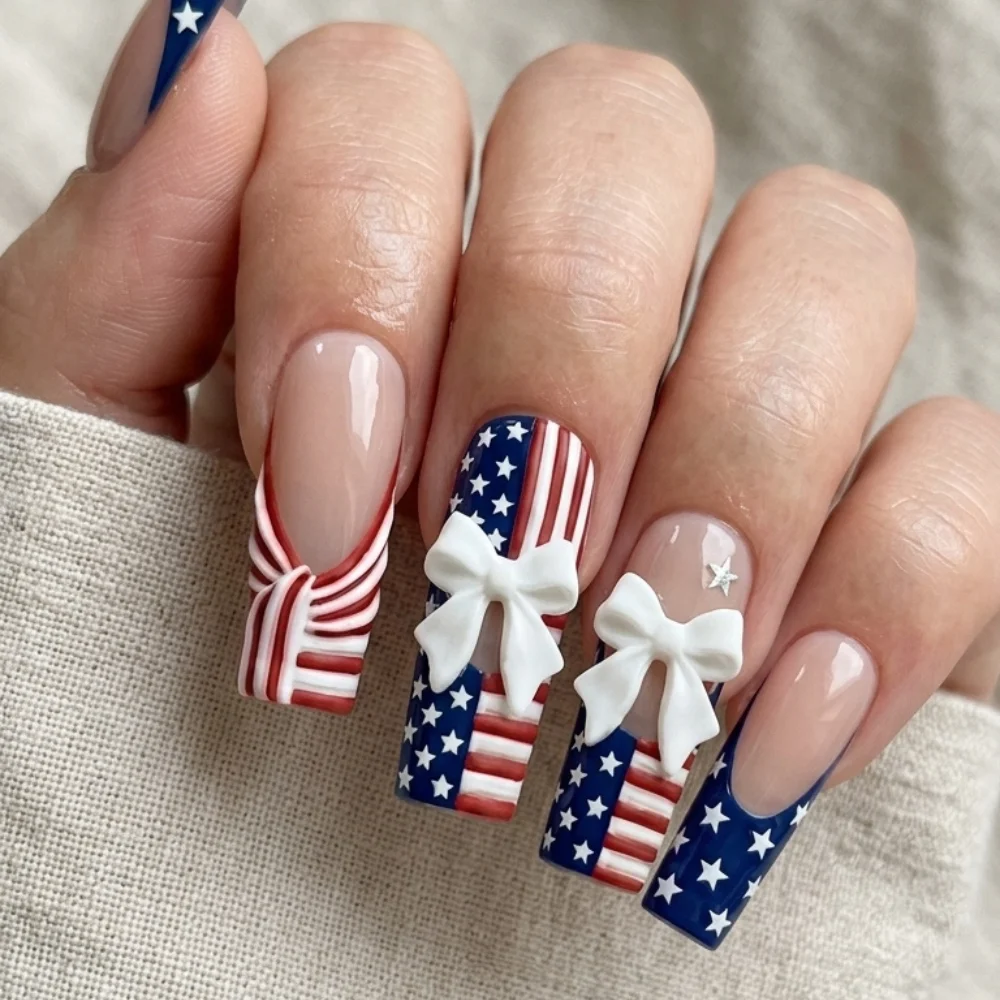 3D bow nails, stars stripes nails, press on nails, custom press on nails, fake nails, Nails Art, stained glass nails, gold press on nails, 3d press on nails, luxury press on nails, handmade press on nails