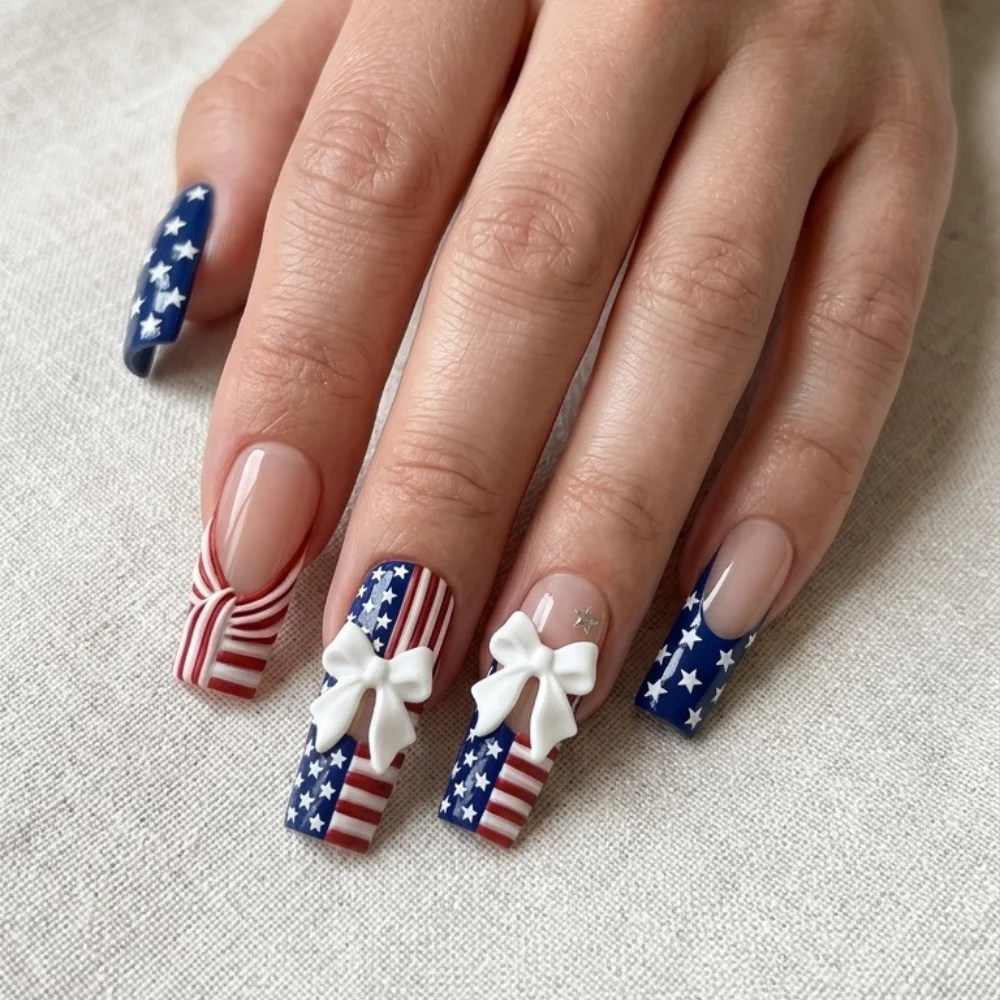 USA patriotic nails, white bow nails, press on nails, custom press on nails, fake nails, Nails Art, stained glass nails, gold press on nails, 3d press on nails, luxury press on nails, handmade press on nails