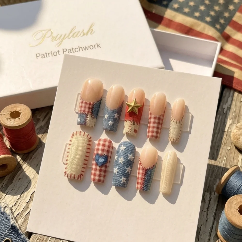 Gingham stars nails, Country western nails, press on nails, custom press on nails, fake nails, Nails Art, stained glass nails, gold press on nails, 3d press on nails, luxury press on nails, handmade press on nails