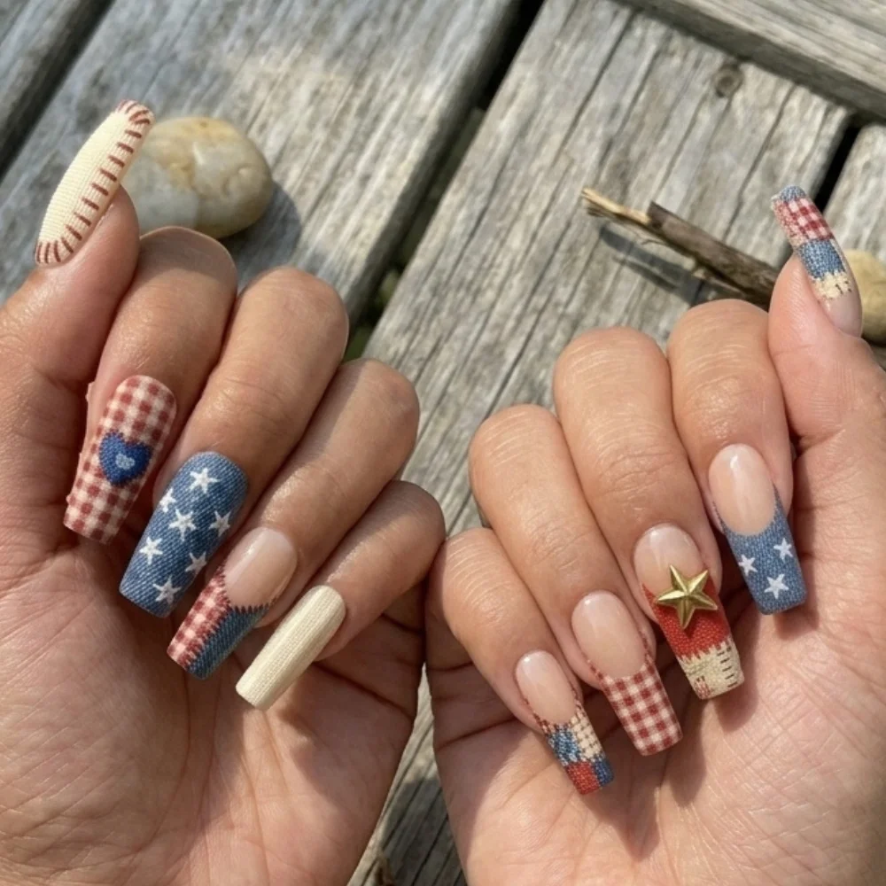 Americana nail design, Red white blue nails, press on nails, custom press on nails, fake nails, Nails Art, stained glass nails, gold press on nails, 3d press on nails, luxury press on nails, handmade press on nails