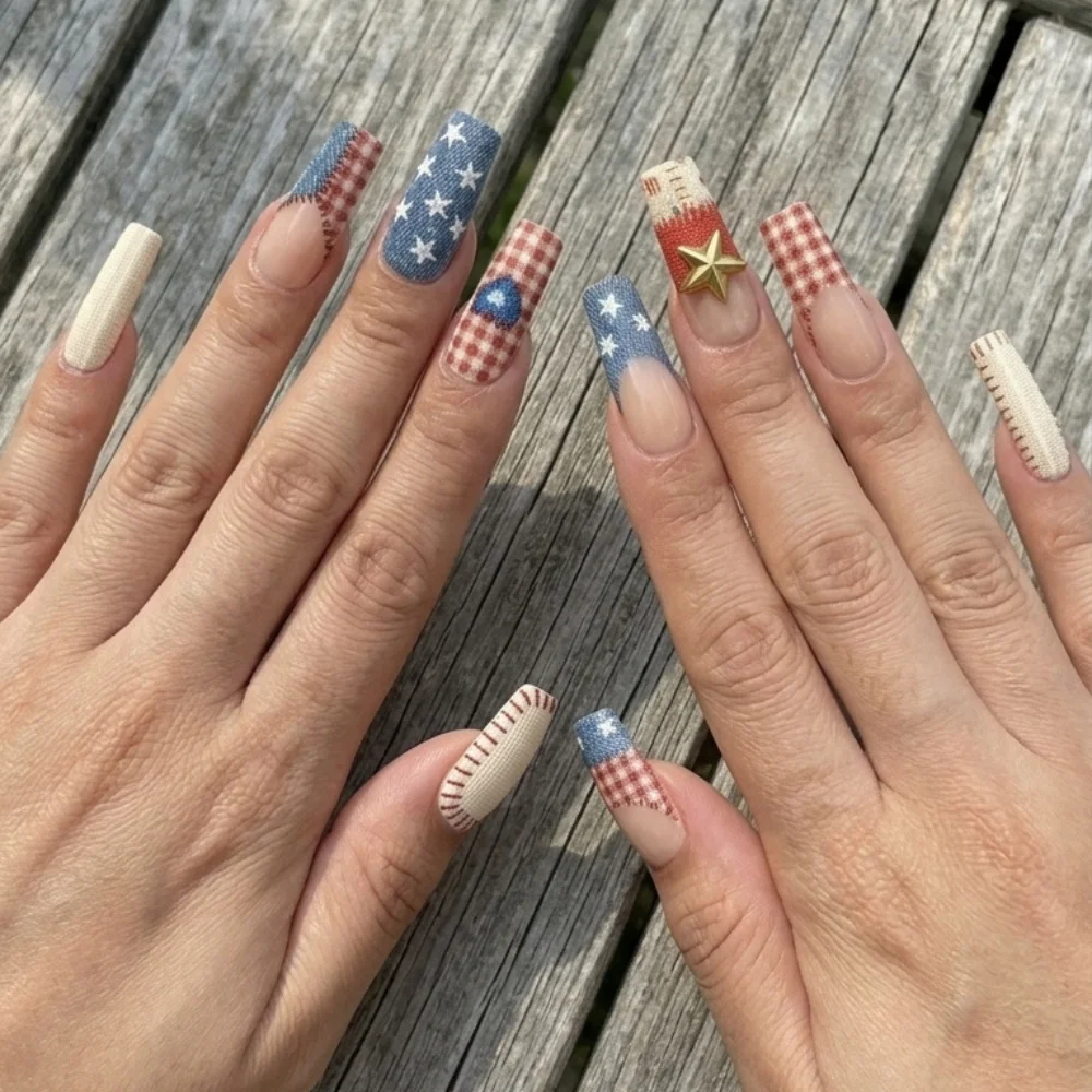 Gingham stars nails, Country western nails, press on nails, custom press on nails, fake nails, Nails Art, stained glass nails, gold press on nails, 3d press on nails, luxury press on nails, handmade press on nails