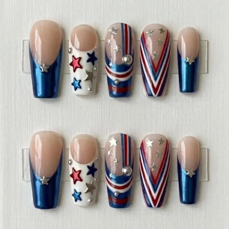 Patriotic press on nails, Stars and Stripes nails, press on nails, custom press on nails, fake nails, Nails Art, stained glass nails, gold press on nails, 3d press on nails, luxury press on nails, handmade press on nails