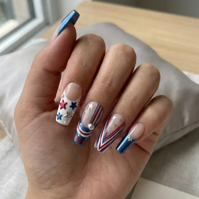 4th of July nail art, Americana fake nails, press on nails, custom press on nails, fake nails, Nails Art, stained glass nails, gold press on nails, 3d press on nails, luxury press on nails, handmade press on nails