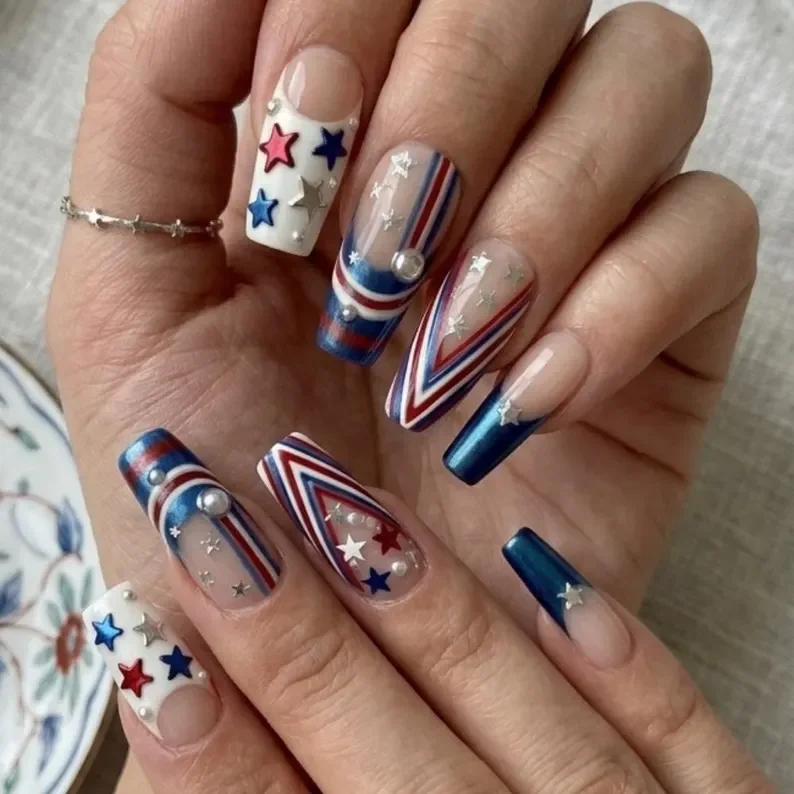 Red white blue nails, Metallic French tip, press on nails, custom press on nails, fake nails, Nails Art, stained glass nails, gold press on nails, 3d press on nails, luxury press on nails, handmade press on nails