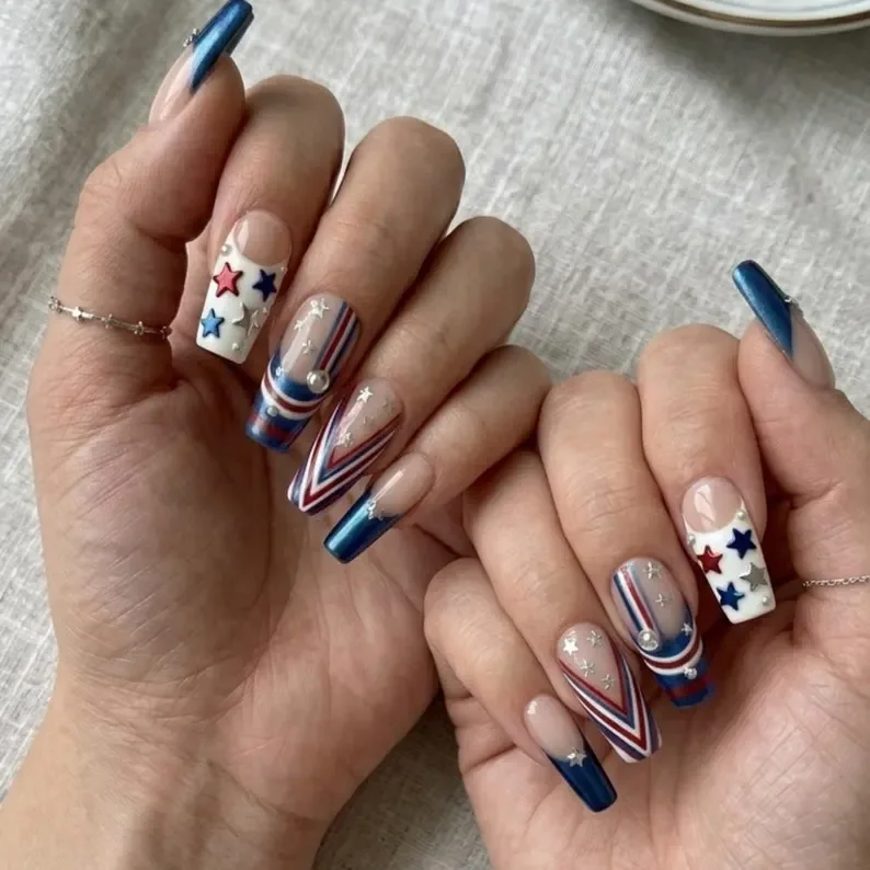 USA custom nails, Red white blue metallic, press on nails, custom press on nails, fake nails, Nails Art, stained glass nails, gold press on nails, 3d press on nails, luxury press on nails, handmade press on nails