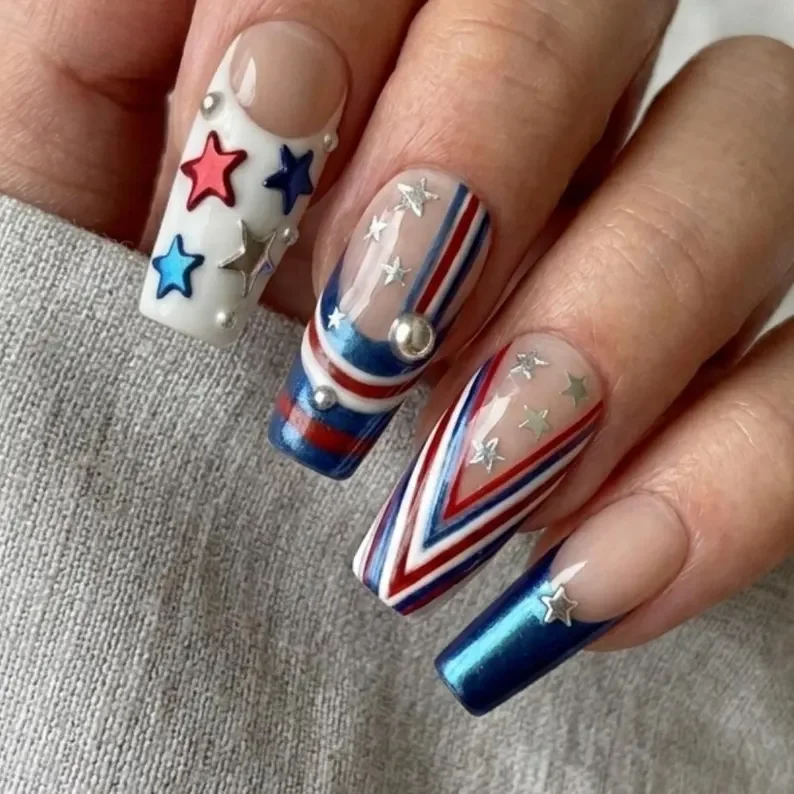 4th of July nail art, Americana fake nails, press on nails, custom press on nails, fake nails, Nails Art, stained glass nails, gold press on nails, 3d press on nails, luxury press on nails, handmade press on nails