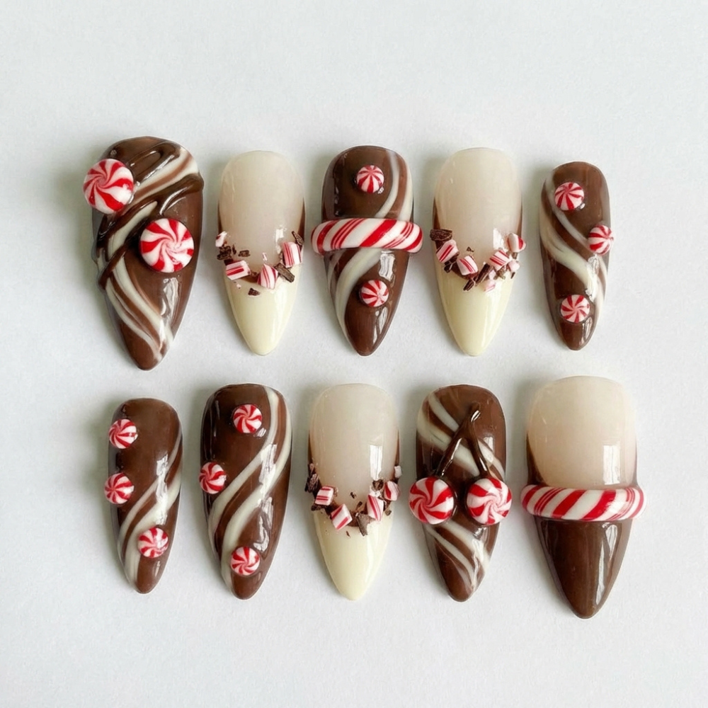 3D candy cane, christmas holiday nails, press on nails, custom press on nails, fake nails, Nails Art, stained glass nails, gold press on nails, 3d press on nails, luxury press on nails, handmade press on nails
