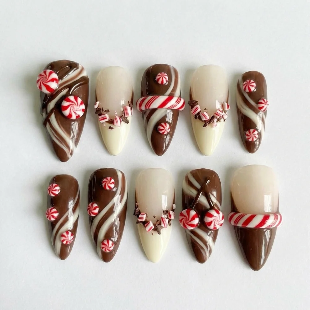 peppermint mocha nails, press on nails, custom press on nails, fake nails, Nails Art, stained glass nails, gold press on nails, 3d press on nails, luxury press on nails, handmade press on nails
