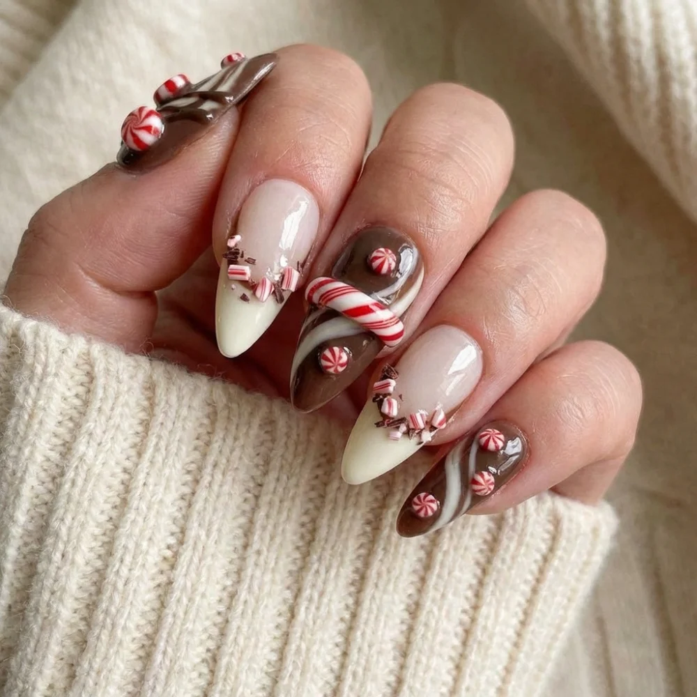 3D candy cane, christmas holiday nails, press on nails, custom press on nails, fake nails, Nails Art, stained glass nails, gold press on nails, 3d press on nails, luxury press on nails, handmade press on nails