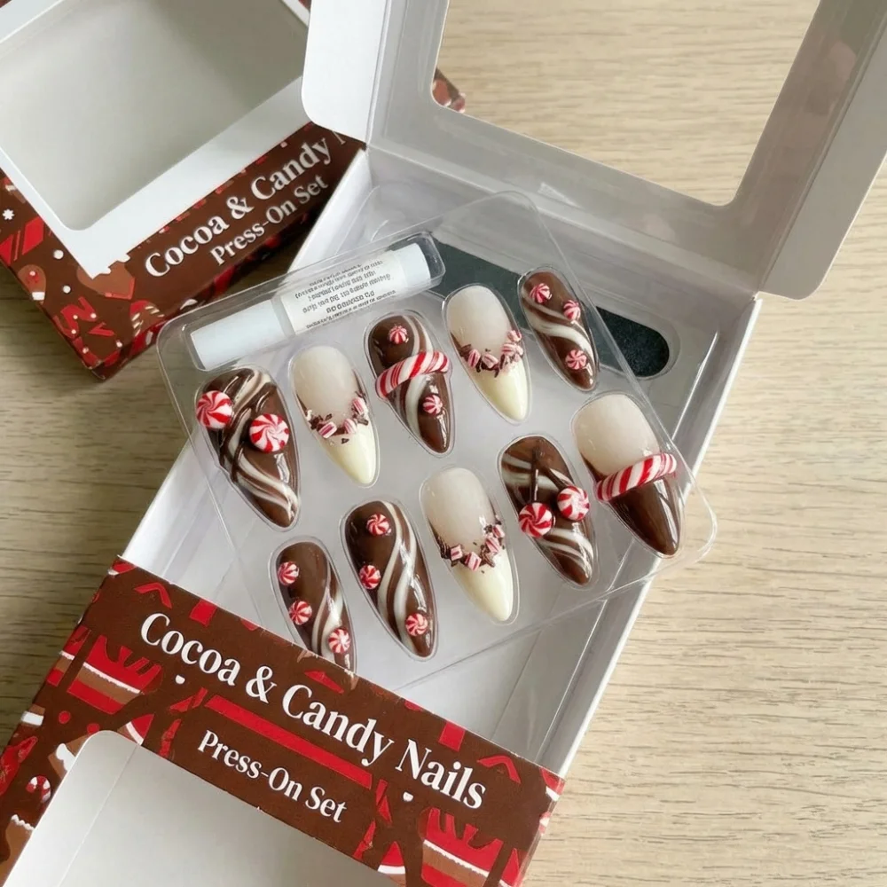 peppermint mocha nails, press on nails, custom press on nails, fake nails, Nails Art, stained glass nails, gold press on nails, 3d press on nails, luxury press on nails, handmade press on nails