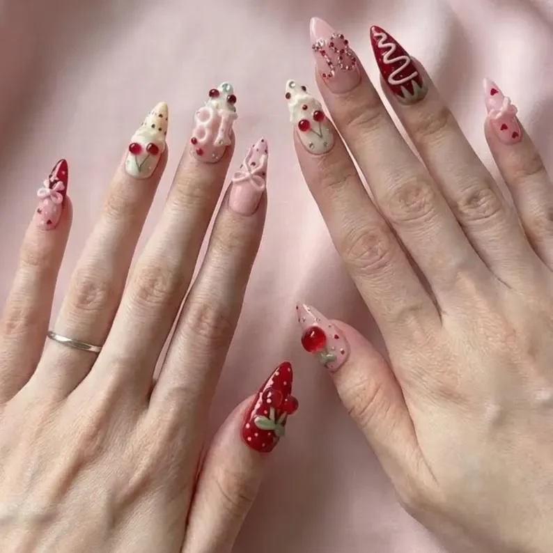 birthday press-on nails, cherry strawberry nails, press on nails, custom press on nails, fake nails, Nails Art, stained glass nails, gold press on nails, 3d press on nails, luxury press on nails, handmade press on nails