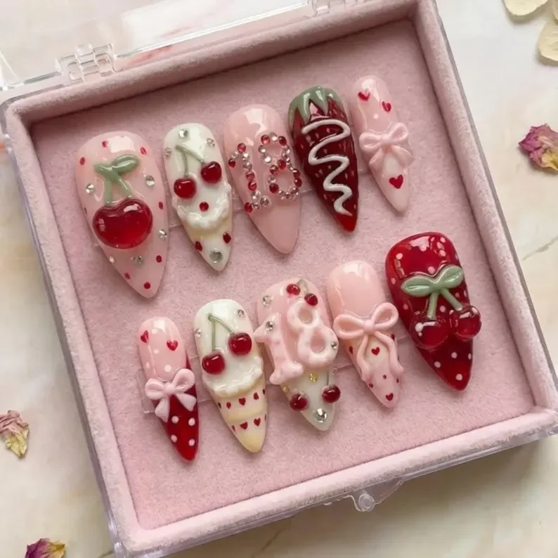 custom birthday nails, 3D nail design, press on nails, custom press on nails, fake nails, Nails Art, stained glass nails, gold press on nails, 3d press on nails, luxury press on nails, handmade press on nails