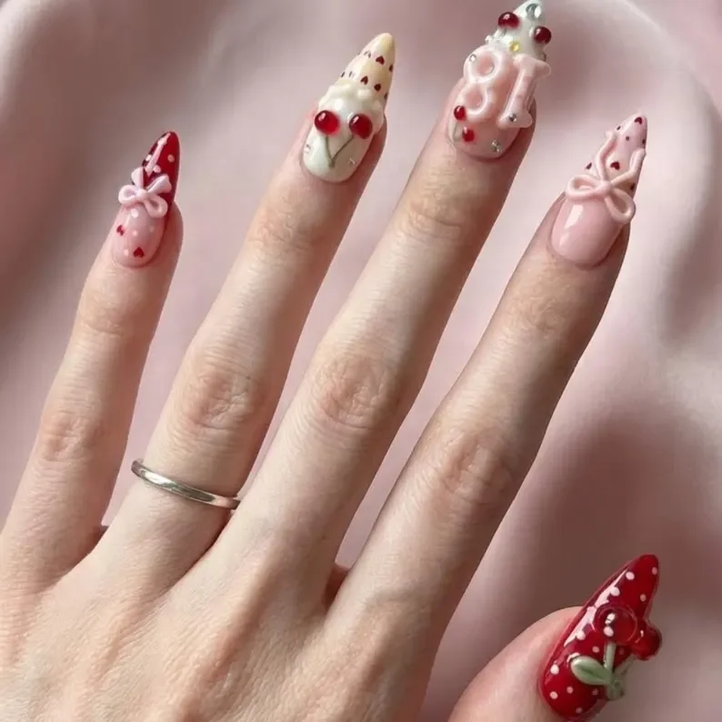 birthday press-on nails, cherry strawberry nails, press on nails, custom press on nails, fake nails, Nails Art, stained glass nails, gold press on nails, 3d press on nails, luxury press on nails, handmade press on nails