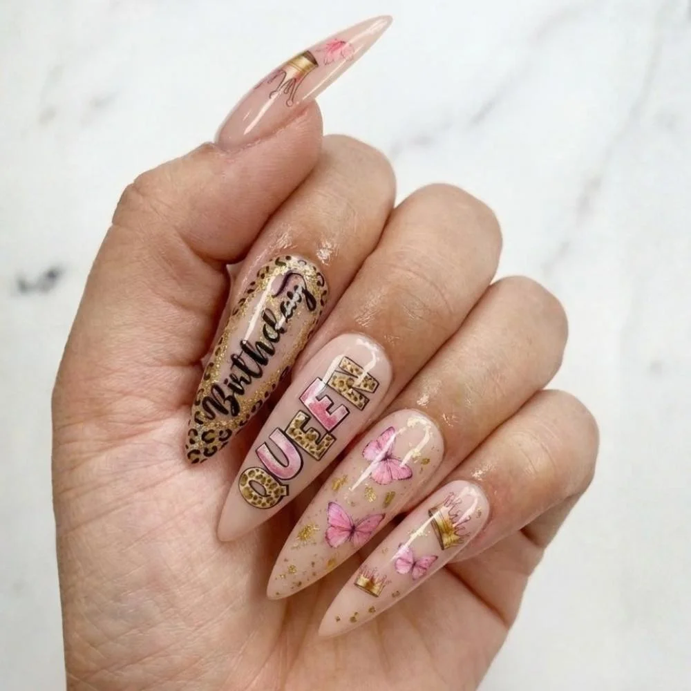 pink butterfly crown, leopard print nails, press on nails, custom press on nails, fake nails, Nails Art, stained glass nails, gold press on nails, 3d press on nails, luxury press on nails, handmade press on nails