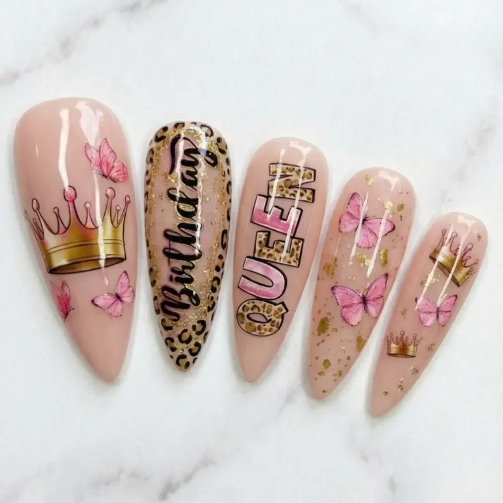 pink nails, crown design, press on nails, custom press on nails, fake nails, Nails Art, stained glass nails, gold press on nails, 3d press on nails, luxury press on nails, handmade press on nails