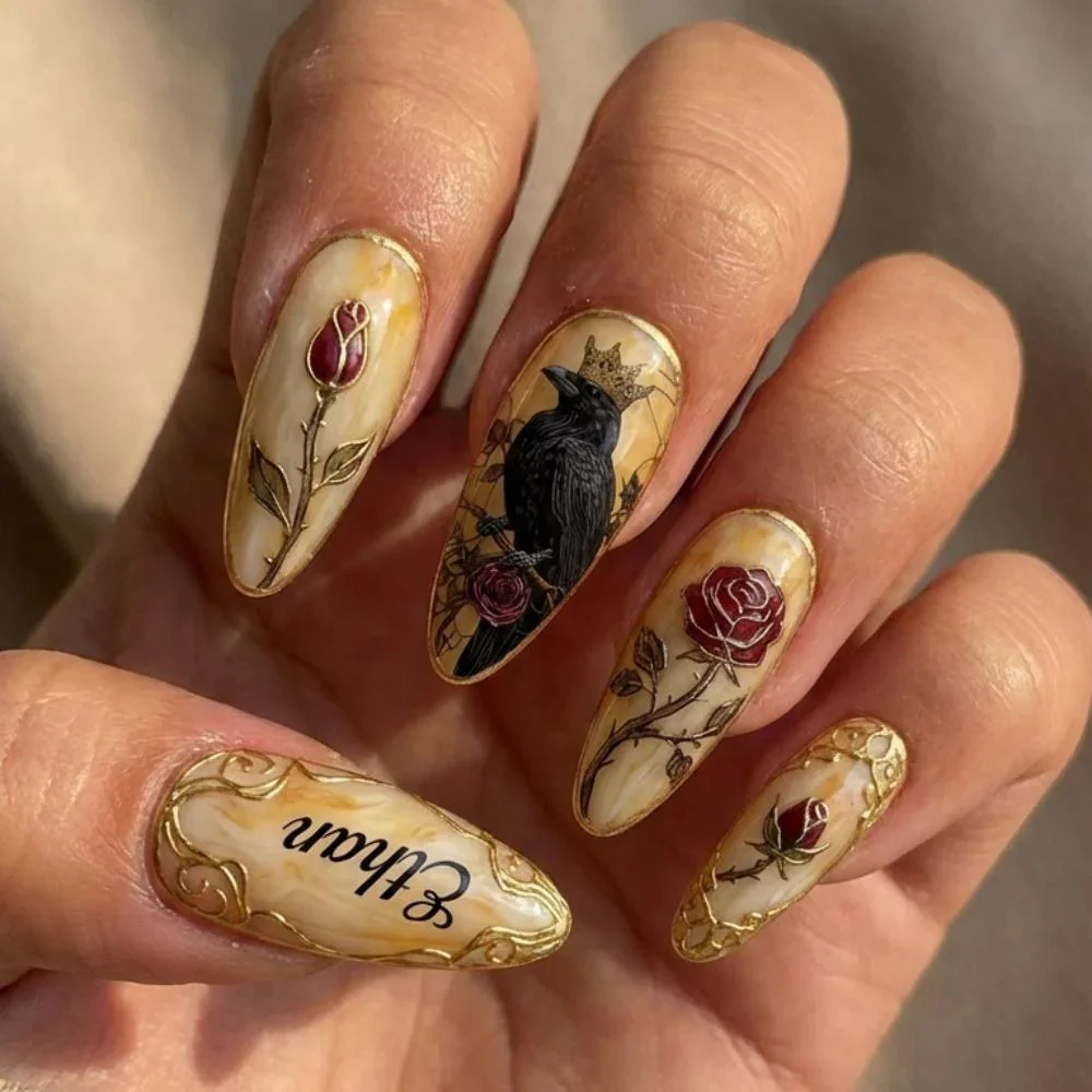 gothic raven nails, personalized press on, press on nails, custom press on nails, fake nails, Nails Art, stained glass nails, gold press on nails, 3d press on nails, luxury press on nails, handmade press on nails