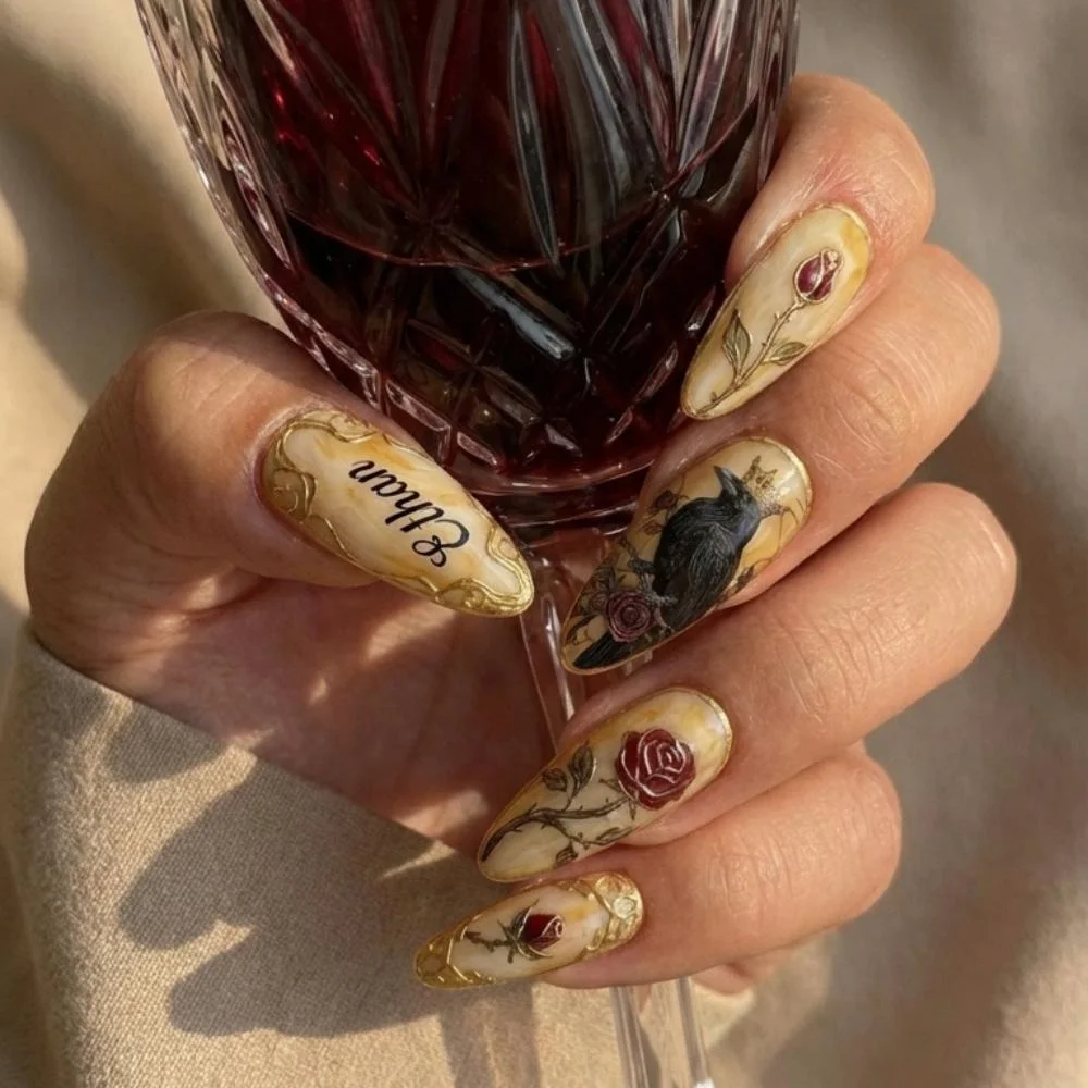 rose nail art, gold filigree, press on nails, custom press on nails, fake nails, Nails Art, stained glass nails, gold press on nails, 3d press on nails, luxury press on nails, handmade press on nails
