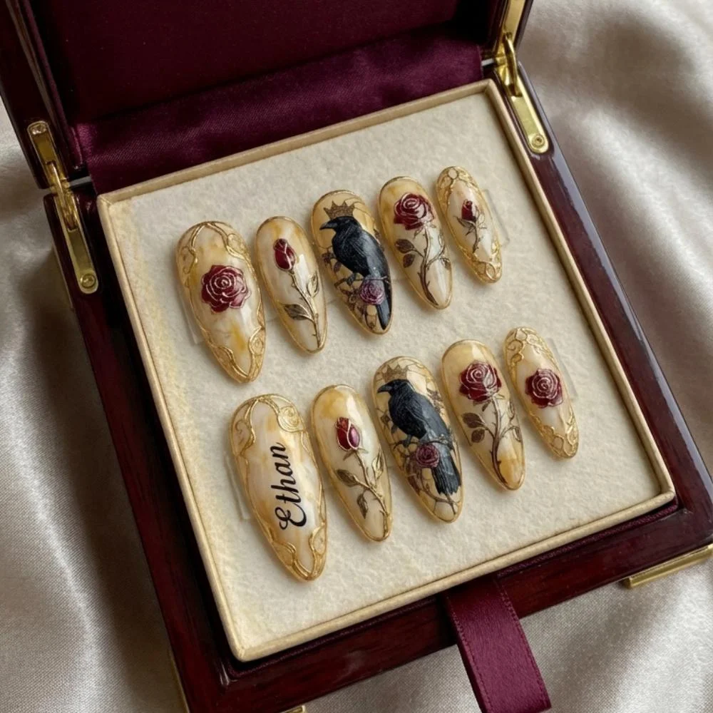 press on nails, raven themed nails, custom press on nails, fake nails, Nails Art, stained glass nails, gold press on nails, 3d press on nails, luxury press on nails, handmade press on nails