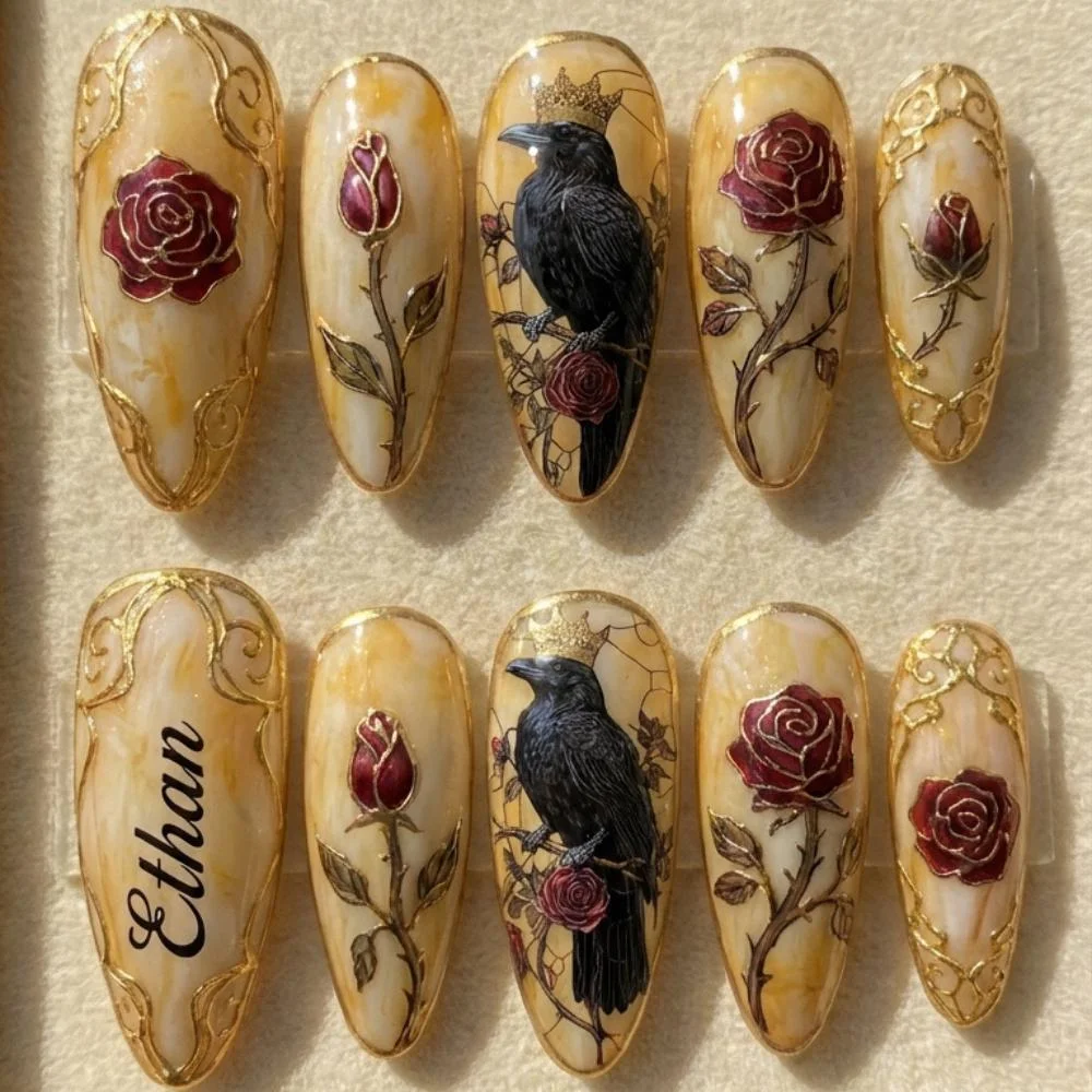 gothic nail design, elegant filigree nails, press on nails, custom press on nails, fake nails, Nails Art, stained glass nails, gold press on nails, 3d press on nails, luxury press on nails, handmade press on nails