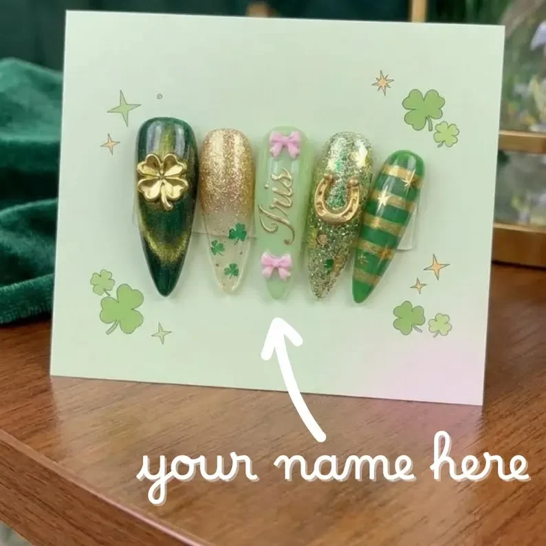 clover themed nails, St Patrick press on, press on nails, custom press on nails, fake nails, Nails Art, stained glass nails, gold press on nails, 3d press on nails, luxury press on nails, handmade press on nails
