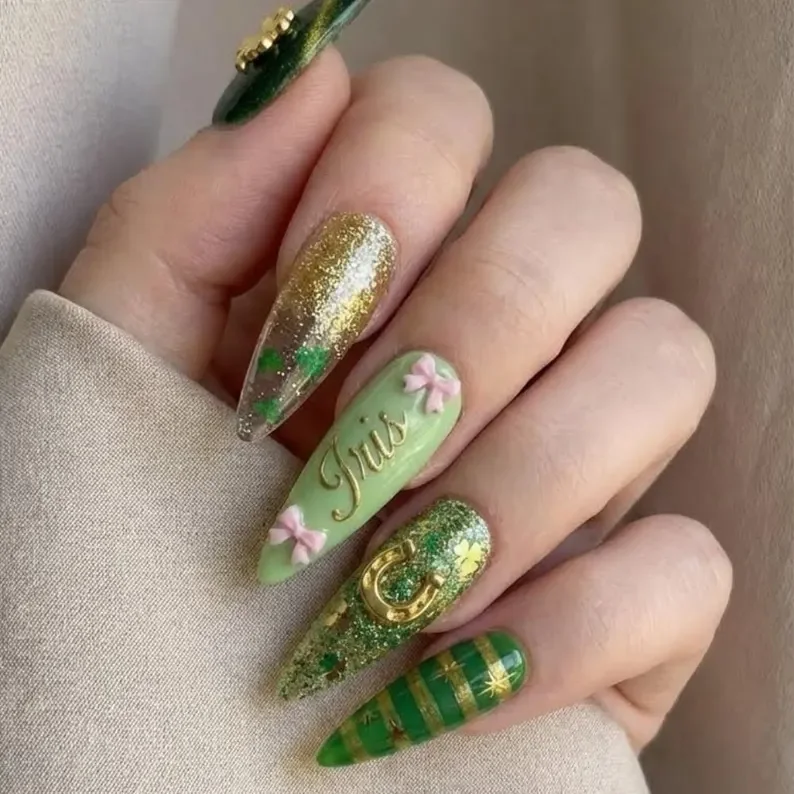 personalized press on nails, St. Patrick's Day nails, press on nails, custom press on nails, fake nails, Nails Art, stained glass nails, gold press on nails, 3d press on nails, luxury press on nails, handmade press on nails
