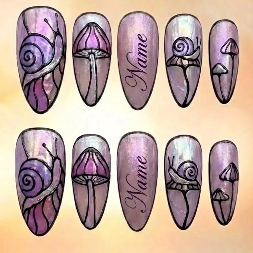 iridescent nails, mushroom snail design, press on nails, custom press on nails, fake nails, Nails Art, stained glass nails, gold press on nails, 3d press on nails, luxury press on nails, handmade press on nails
