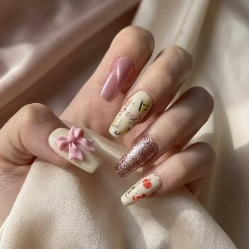 rose gold glitter, 3D bow nails, press on nails, custom press on nails, fake nails, Nails Art, stained glass nails, gold press on nails, 3d press on nails, luxury press on nails, handmade press on nails