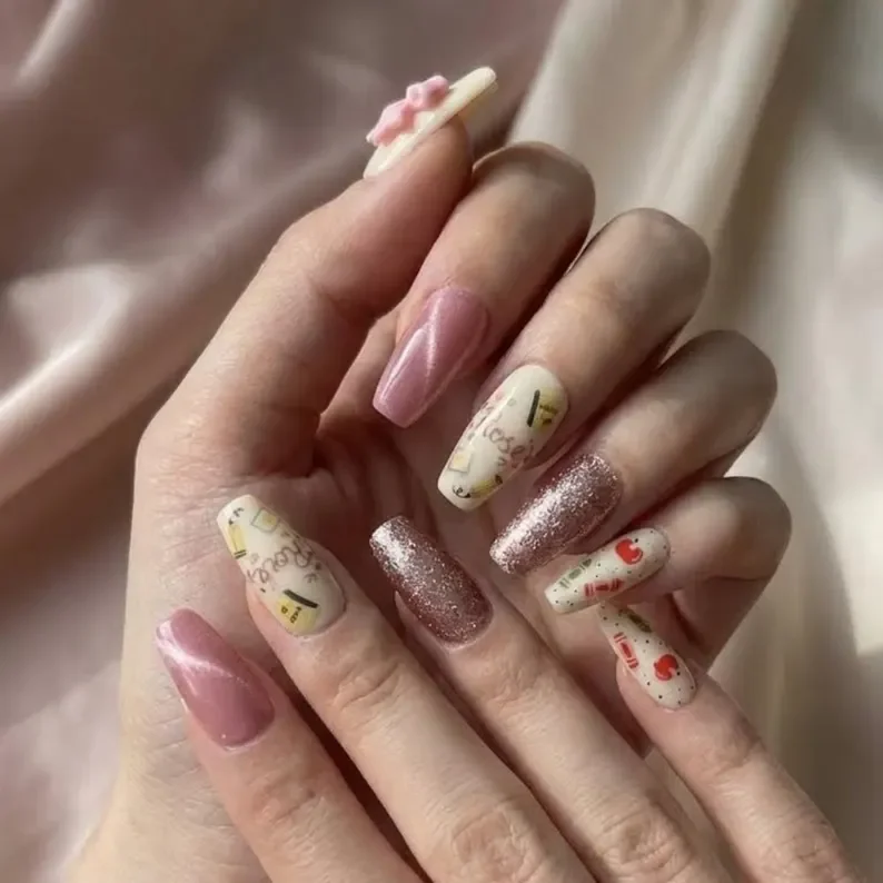 teacher gift nails, rose gold nail set, press on nails, custom press on nails, fake nails, Nails Art, stained glass nails, gold press on nails, 3d press on nails, luxury press on nails, handmade press on nails