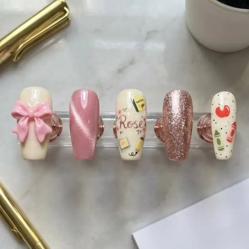 personalized press on nails, teacher press on nails, press on nails, custom press on nails, fake nails, Nails Art, stained glass nails, gold press on nails, 3d press on nails, luxury press on nails, handmade press on nails