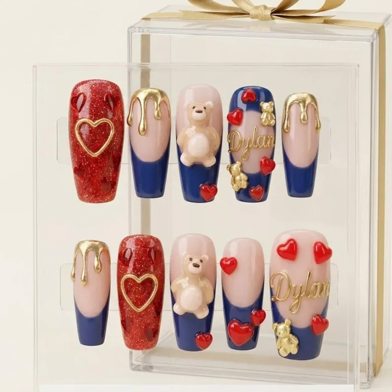 personalized valentine nails, press-on nails, press on nails, custom press on nails, fake nails, Nails Art, stained glass nails, gold press on nails, 3d press on nails, luxury press on nails, handmade press on nails