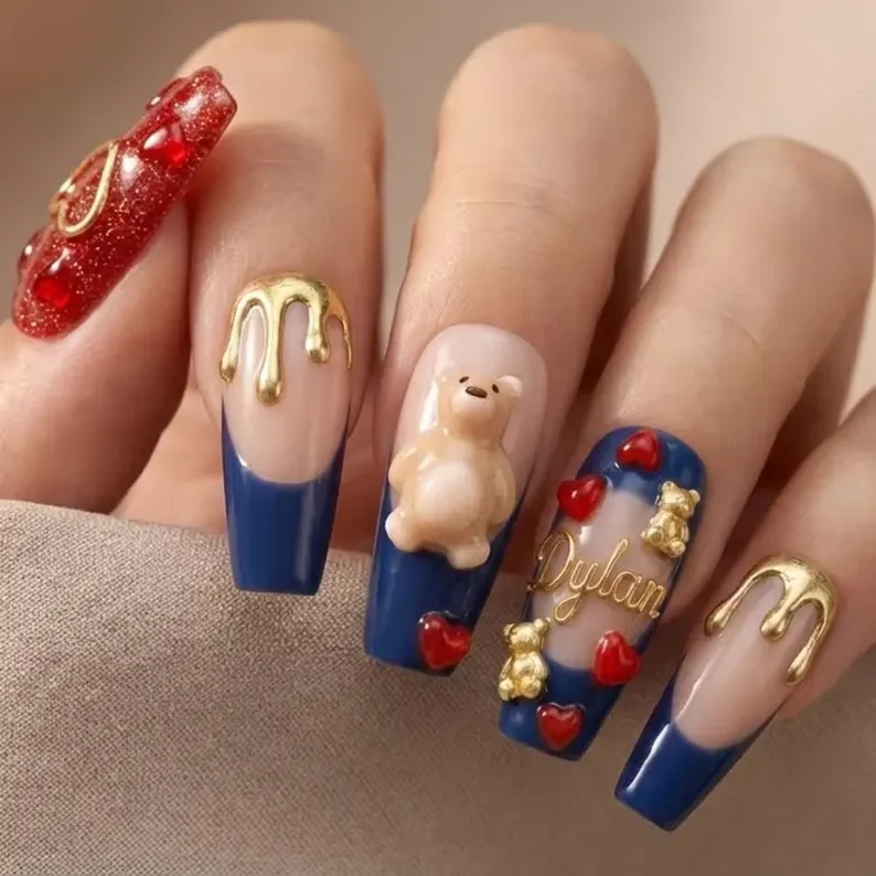 3D teddy bear, gold heart design, press on nails, custom press on nails, fake nails, Nails Art, stained glass nails, gold press on nails, 3d press on nails, luxury press on nails, handmade press on nails
