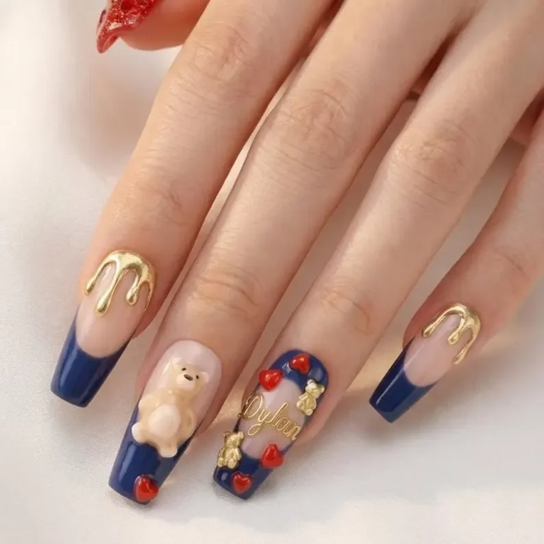 navy french tip, french tip nails, press on nails, custom press on nails, fake nails, Nails Art, stained glass nails, gold press on nails, 3d press on nails, luxury press on nails, handmade press on nails