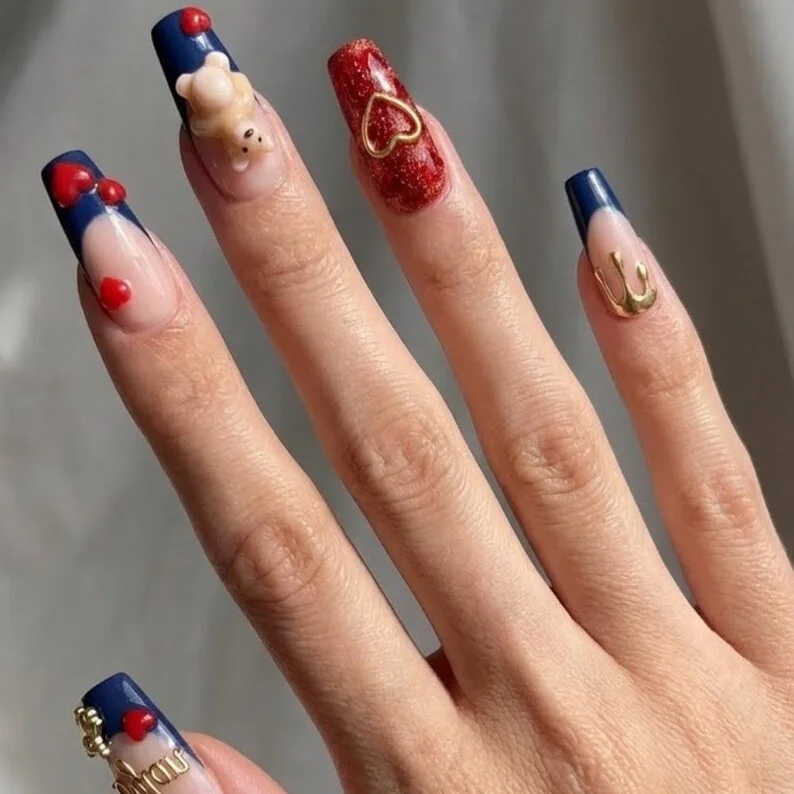 valentine nail art, teddy bear nails, press on nails, custom press on nails, fake nails, Nails Art, stained glass nails, gold press on nails, 3d press on nails, luxury press on nails, handmade press on nails