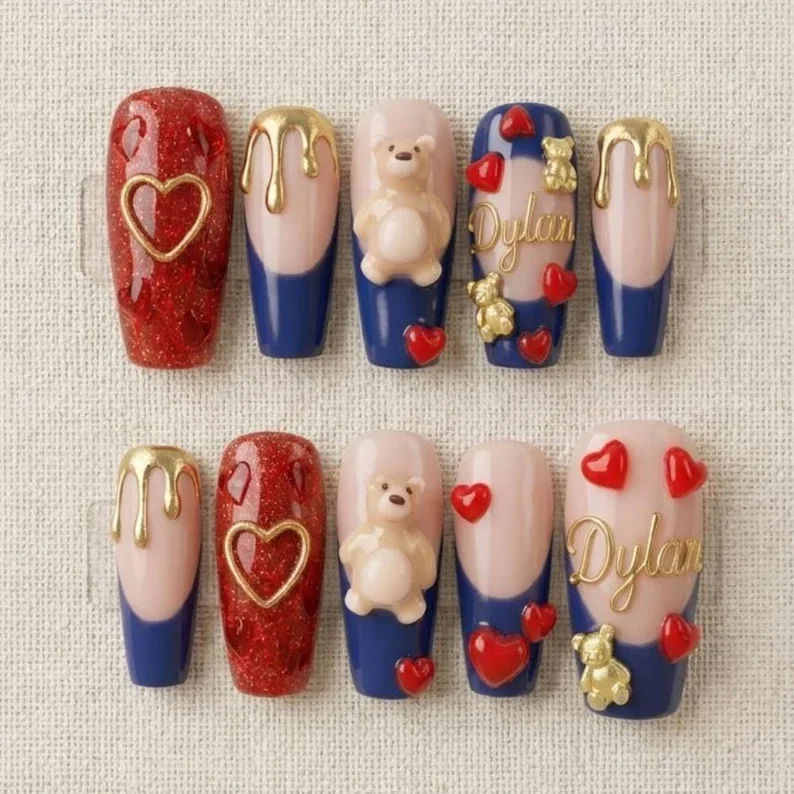 personalized valentine nails, press-on nails, press on nails, custom press on nails, fake nails, Nails Art, stained glass nails, gold press on nails, 3d press on nails, luxury press on nails, handmade press on nails