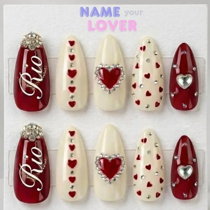 personalized valentine nails, ruby red heart, press on nails, custom press on nails, fake nails, Nails Art, stained glass nails, gold press on nails, 3d press on nails, luxury press on nails, handmade press on nails