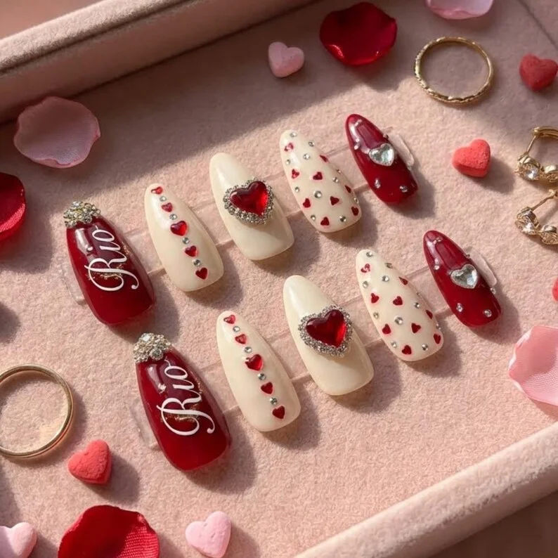 personalized valentine nails, ruby red heart, press on nails, custom press on nails, fake nails, Nails Art, stained glass nails, gold press on nails, 3d press on nails, luxury press on nails, handmade press on nails