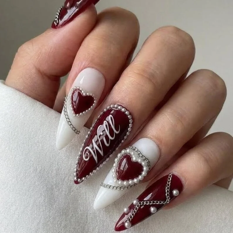 wine red nails, silver chain nails, press on nails, custom press on nails, fake nails, Nails Art, stained glass nails, gold press on nails, 3d press on nails, luxury press on nails, handmade press on nails