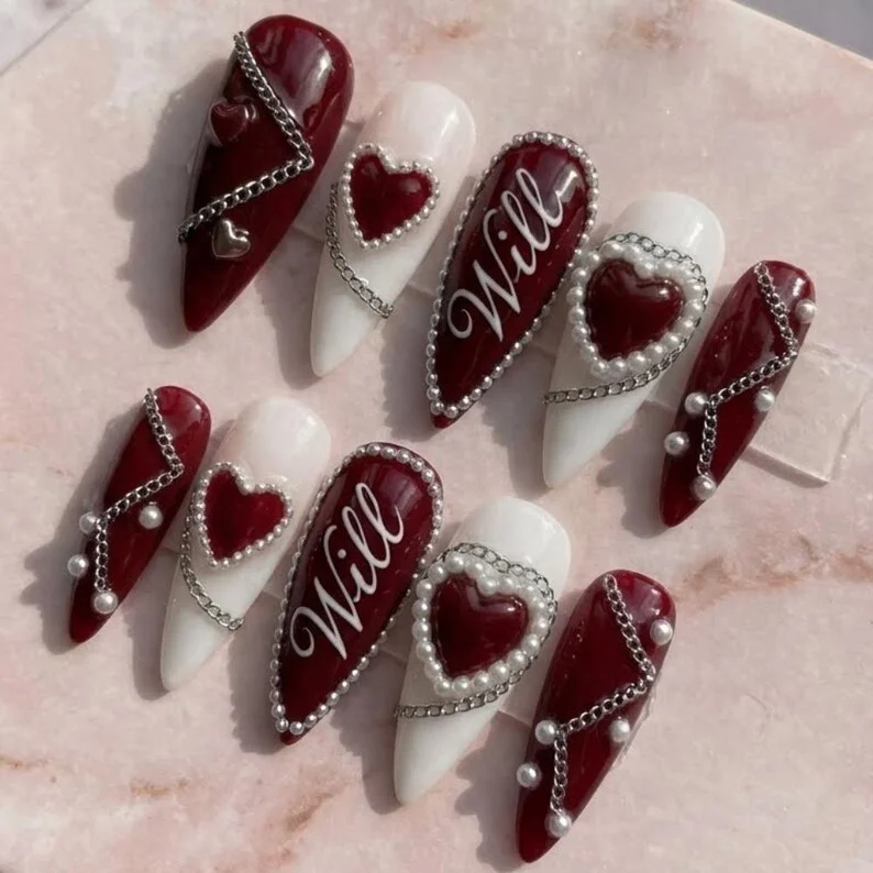 romantic nail design, heart themed nails, press on nails, custom press on nails, fake nails, Nails Art, stained glass nails, gold press on nails, 3d press on nails, luxury press on nails, handmade press on nails