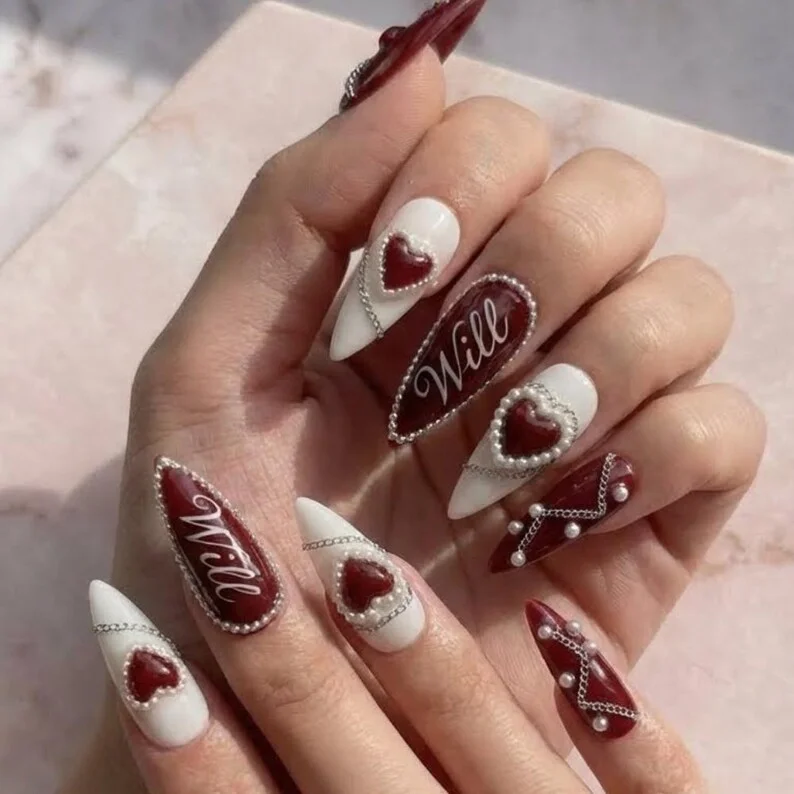 personalized valentine nails, press on nails, custom press on nails, fake nails, Nails Art, stained glass nails, gold press on nails, 3d press on nails, luxury press on nails, handmade press on nails