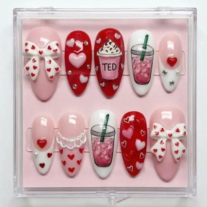 personalized valentine nails, press on nails, custom press on nails, fake nails, Nails Art, stained glass nails, gold press on nails, 3d press on nails, luxury press on nails, handmade press on nails