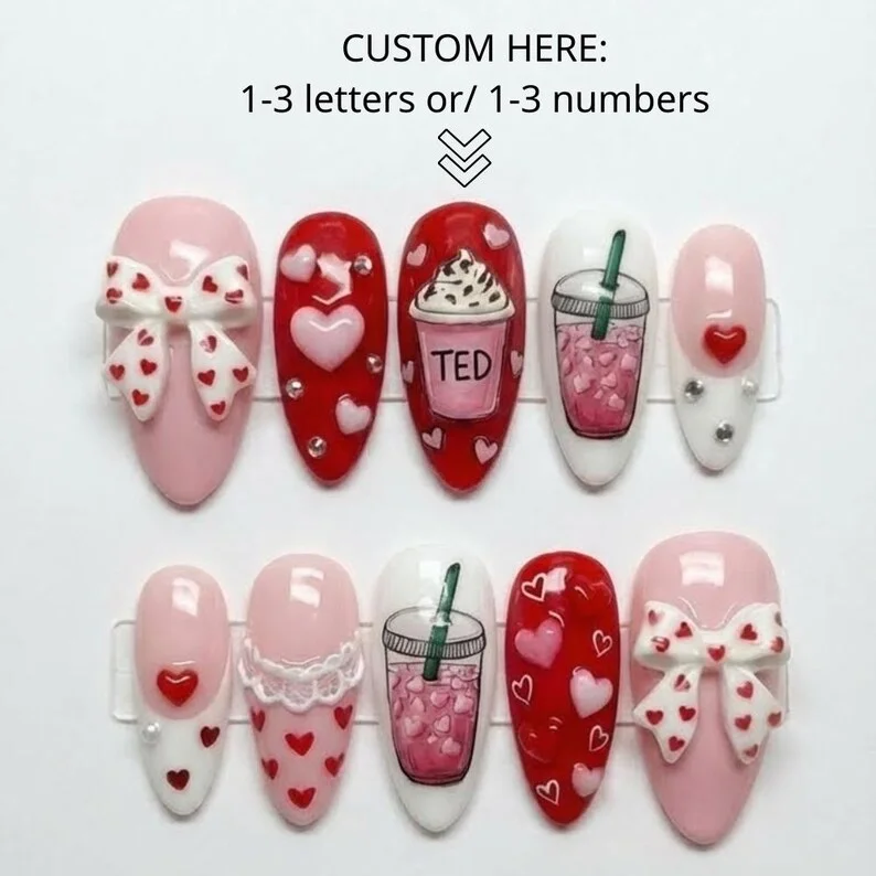 name nail decals, valentines day manicure, press on nails, custom press on nails, fake nails, Nails Art, stained glass nails, gold press on nails, 3d press on nails, luxury press on nails, handmade press on nails