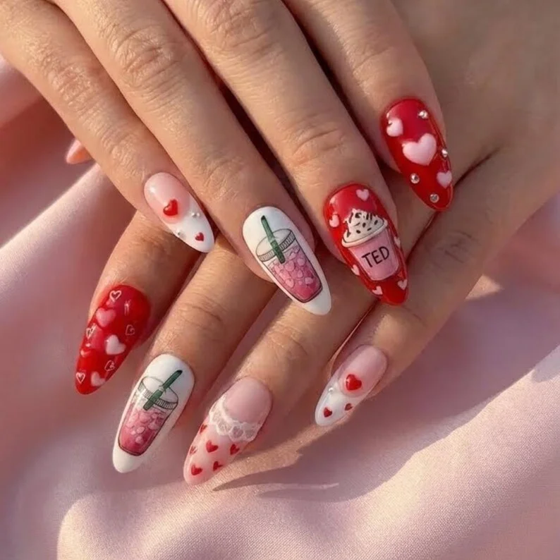 valentine nail design, custom nail art, press on nails, custom press on nails, fake nails, Nails Art, stained glass nails, gold press on nails, 3d press on nails, luxury press on nails, handmade press on nails