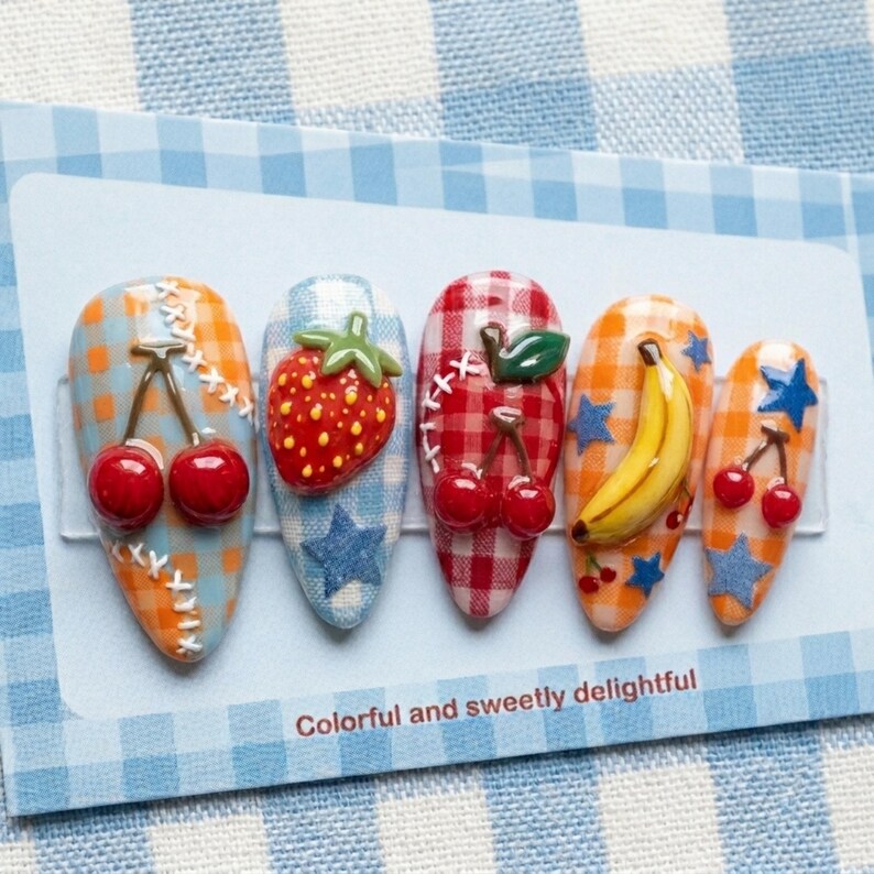 fruit press on nails, kawaii gingham, press on nails, custom press on nails, fake nails, Nails Art, stained glass nails, gold press on nails, 3d press on nails, luxury press on nails, handmade press on nails