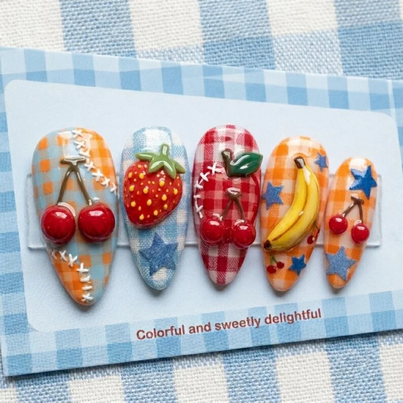 picnic patchwork nails, 3D hand painted, press on nails, custom press on nails, fake nails, Nails Art, stained glass nails, gold press on nails, 3d press on nails, luxury press on nails, handmade press on nails
