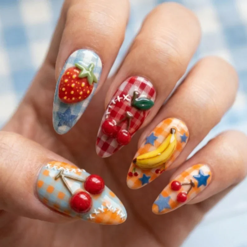 fruit press on nails, kawaii gingham, press on nails, custom press on nails, fake nails, Nails Art, stained glass nails, gold press on nails, 3d press on nails, luxury press on nails, handmade press on nails