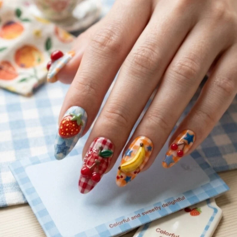 strawberry nail set, press on nails, custom press on nails, fake nails, Nails Art, stained glass nails, gold press on nails, 3d press on nails, luxury press on nails, handmade press on nails