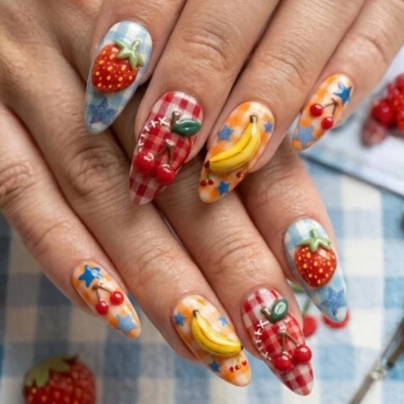 3D strawberry, gingham pattern nails, press on nails, custom press on nails, fake nails, Nails Art, stained glass nails, gold press on nails, 3d press on nails, luxury press on nails, handmade press on nails