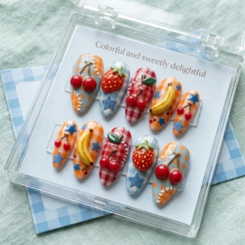 picnic patchwork nails, 3D hand painted, press on nails, custom press on nails, fake nails, Nails Art, stained glass nails, gold press on nails, 3d press on nails, luxury press on nails, handmade press on nails