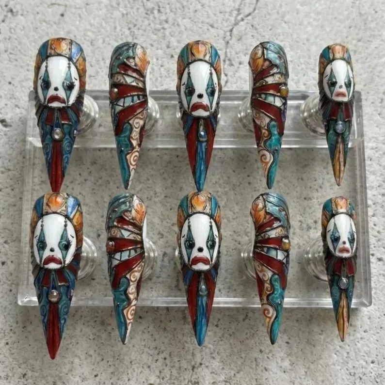 gothic press on nails, sad clown nails, press on nails, custom press on nails, fake nails, Nails Art, stained glass nails, gold press on nails, 3d press on nails, luxury press on nails, handmade press on nails